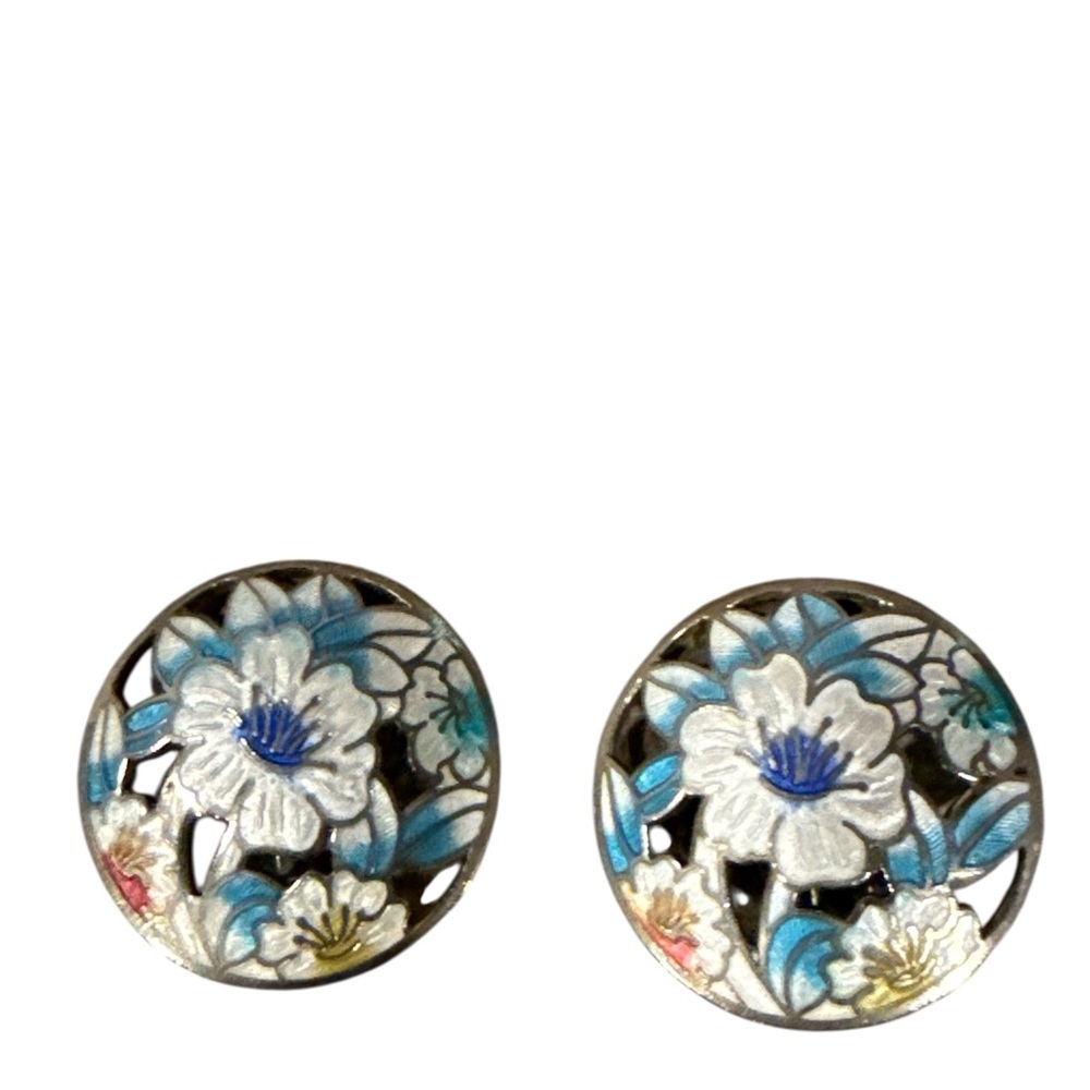 Elegant Floral Cloisonné Earrings Vintage Clip On Blue